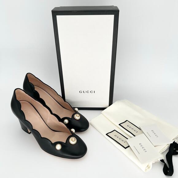 GUCCI Willow Loafer Pumps EU 37.5 US 7.5 Black GG Logo Pearl Scalloped Leather - Picture 2 of 15